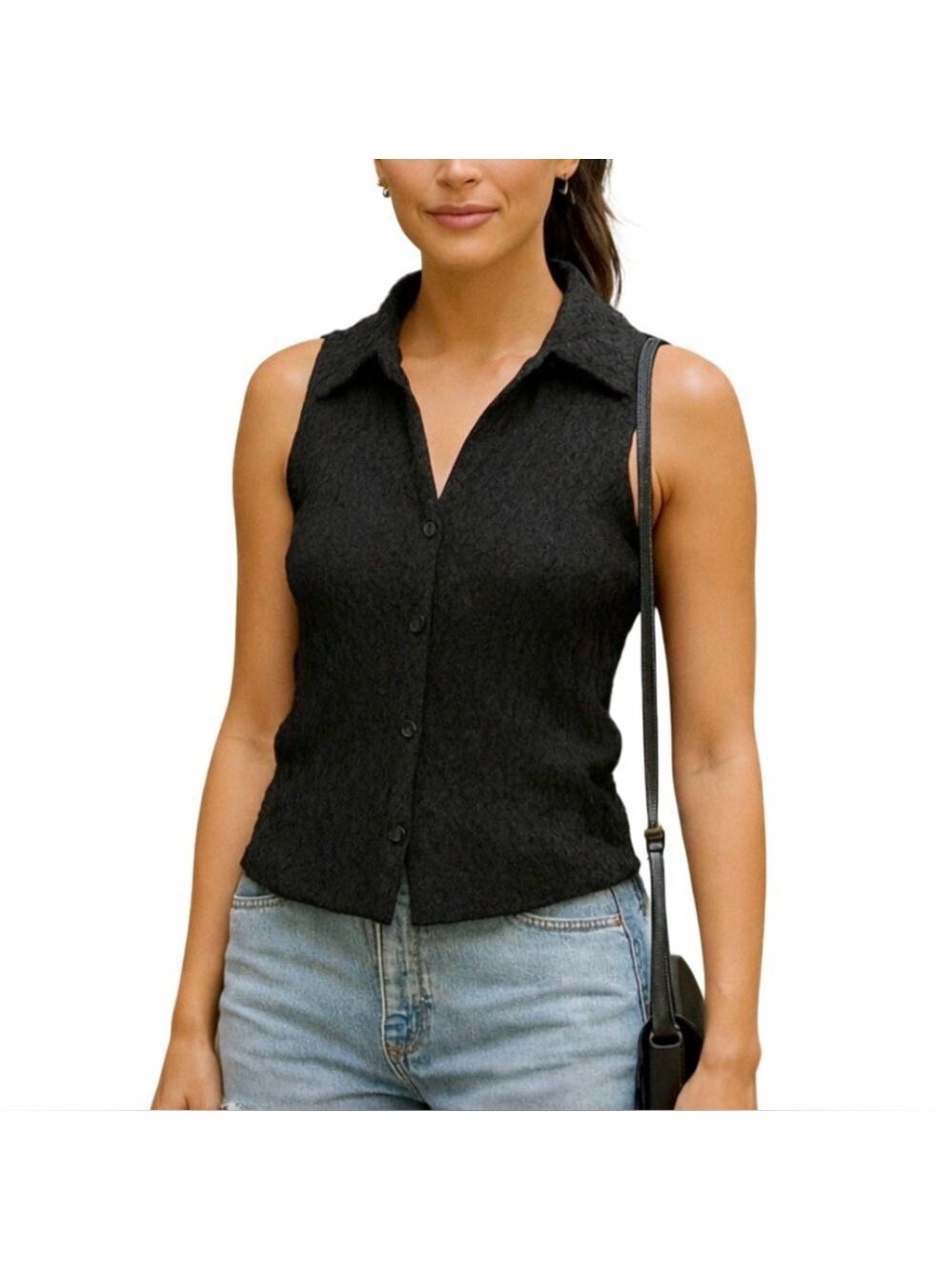 197.Mango Sleeveless Textured Collared Top. Medium